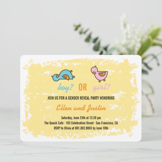 ベビーアヒルの男の子か女の子の性別を示すパーティー 招待状 (スタンド正面)