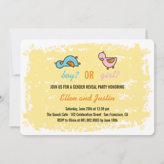 ベビーアヒルの男の子か女の子の性別を示すパーティー 招待状 (正面)