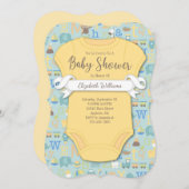 ベビーアルファベットABCイエローブルーベビーシャワー 招待状 (正面/裏面)