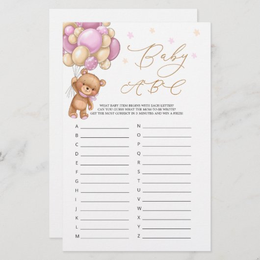 ベビーアルファベットABCゲームテディベア赤ちゃんシャワー (正面/裏面)