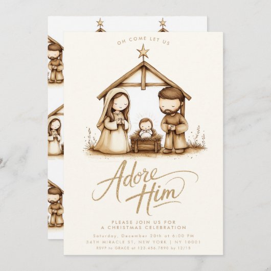 ベビーイエス出生マンガー宗教的なクリスマス 招待状 (正面/裏面)