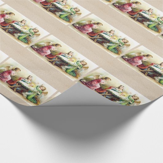 ベビーイエス・キリストおよびメリーを囲むヴィンテージの天使 ラッピングペーパー (角)