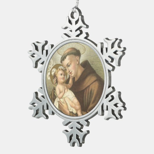 ベビーイエス・キリストが付いているパドゥアのセントアンソニー スノーフレークピューターオーナメント (右)