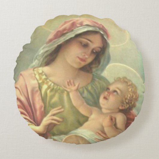 ベビーイエス・キリストを握っている賛美された聖母マリア ラウンドクッション (正面)