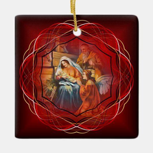 ベビーイエス，マリアとヨセフ，聖なる家族，天使 セラミックオーナメント (正面)