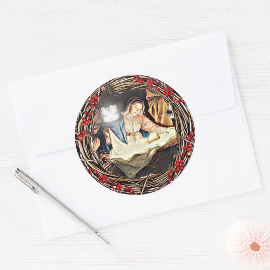 ベビーイエス&ヴァージンメアリー出生クリスマス ラウンドシール (封筒)