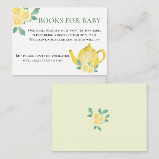 ベビーイエローティーポット赤ちゃんシャワーのリクエストのための本 エンクロージャーカード (正面/裏面)