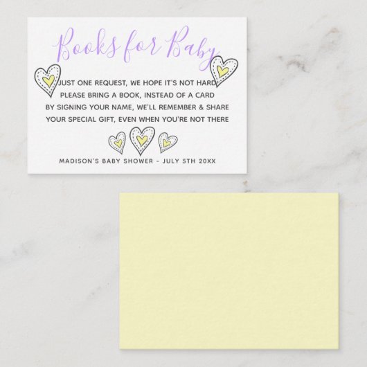 ベビーイエローラブハート赤ちゃんシャワー用の本 エンクロージャーカード (正面/裏面)