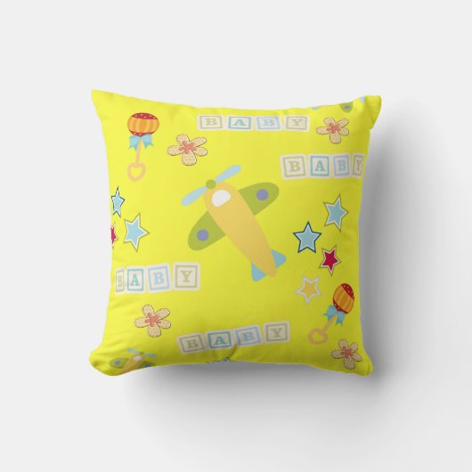 ベビーイエロー飛行機 フラワーThrow Pillow クッション (正面)