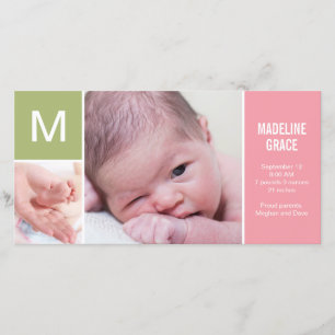 ベビーイニシャル誕生のお知らせ – ピンク 案内状