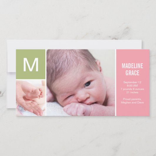 ベビーイニシャル誕生のお知らせ – ピンク 案内状 (正面)