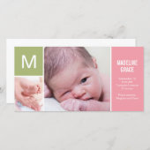 ベビーイニシャル誕生のお知らせ – ピンク 案内状 (正面/裏面)