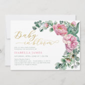 ベビーインエレガント開花ピンク金ゴールドガールベビーシャワー 招待状 (正面)