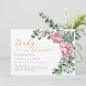 ベビーインエレガント開花ピンク金ゴールドガールベビーシャワー 招待状 (スタンド正面)