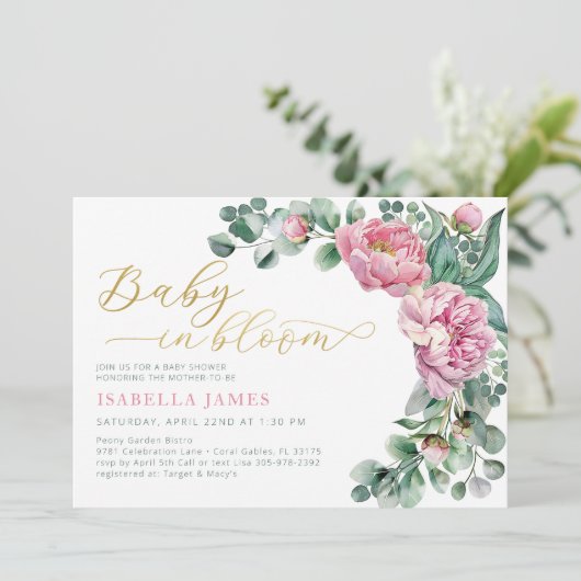 ベビーインエレガント開花ピンク金ゴールドガールベビーシャワー 招待状 (スタンド正面)
