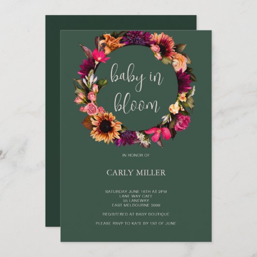 ベビーイン開花はっきりしたグリーンフローラベビーシャワー 招待状 (正面/裏面)