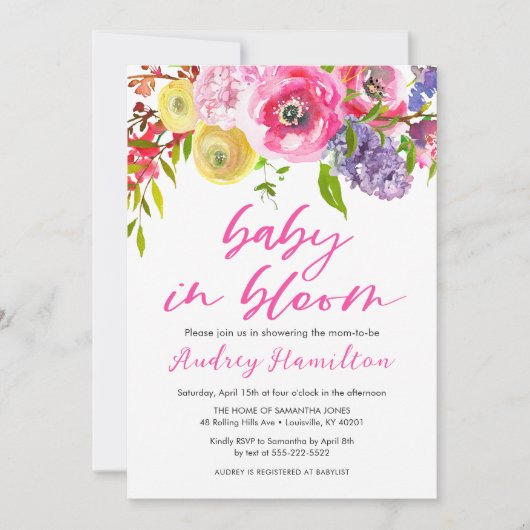ベビーイン開花はっきりしたフローラベビーシャワー 招待状 (正面)