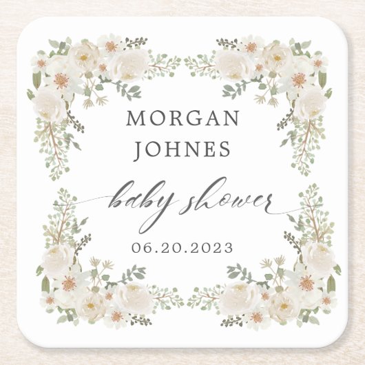ベビーイン開花アイボリーフローラベビーシャワー スクエアペーパーコースター (正面)
