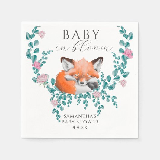 ベビーイン開花ウッドランドキツネグリーンリーベビーシャワー スタンダードカクテルナプキン (正面)