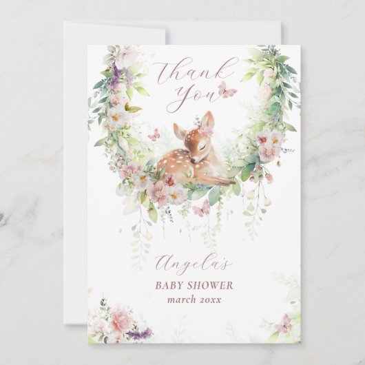 ベビーイン開花ウッドランドフローラベビーガールシャワー サンキューカード (正面)
