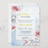 ベビーイン開花エレガントフローラブルーベビーシャワー 招待状 (正面)