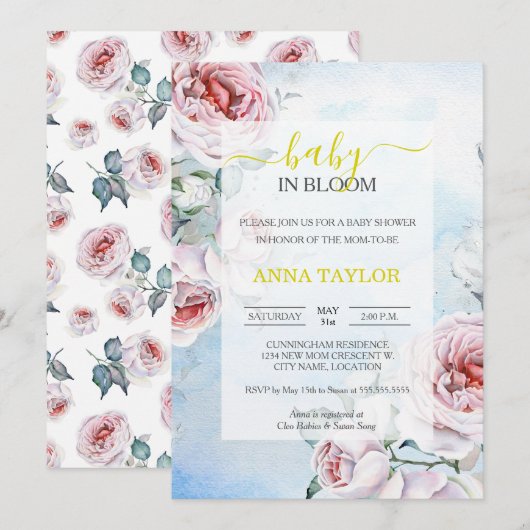 ベビーイン開花エレガントフローラブルーベビーシャワー 招待状 (正面/裏面)
