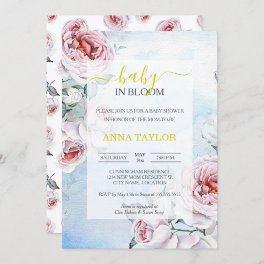 ベビーイン開花エレガントフローラブルーベビーシャワー 招待状 (正面/裏面)