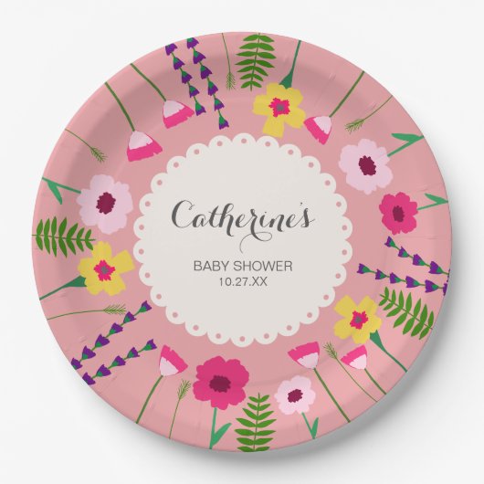 ベビーイン開花カラフルフローラピーチベビーシャワー ペーパープレート (正面)