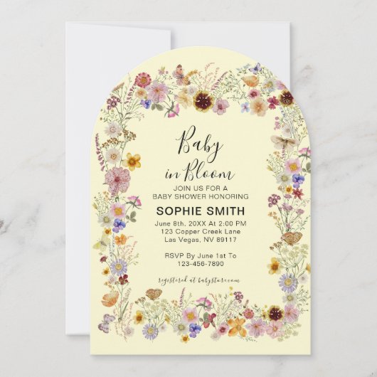 ベビーイン開花ガーデンパーティー蝶ベビーシャワー 招待状 (正面)