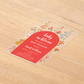 ベビーイン開花ガールシャワーワイルドフラワーレッドアーチ アクリル招待状 (レイダウン)