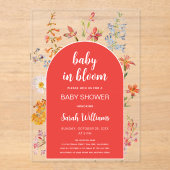 ベビーイン開花ガールシャワーワイルドフラワーレッドアーチ アクリル招待状 (正面)