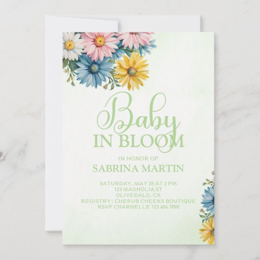ベビーイン開花グリーンベビーシャワー招待状 招待状 (正面)