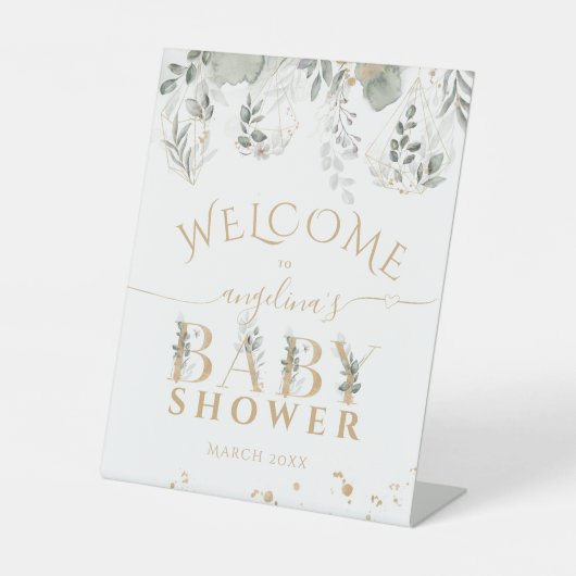 ベビーイン開花グリーンリー&金ゴールドベビーシャワー 台座サイン (正面)