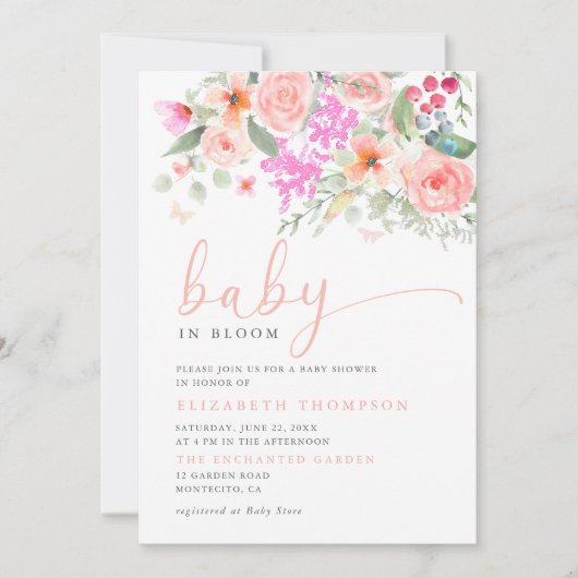 ベビーイン開花サニーガーデンフローラガールベビーシャワー 招待状 (正面)