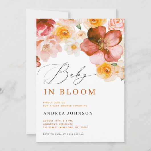 ベビーイン開花シック秋の花ガールベビーシャワー 招待状 (正面)