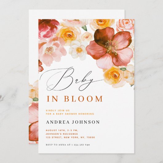 ベビーイン開花シック秋の花ガールベビーシャワー 招待状 (正面/裏面)