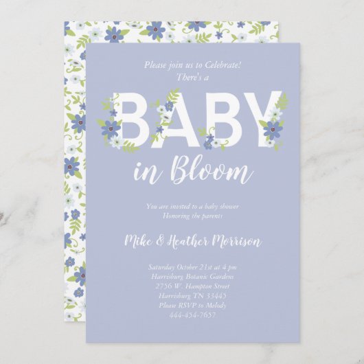 ベビーイン開花シャワーブルーヴィンテージ花少年 招待状 (正面/裏面)