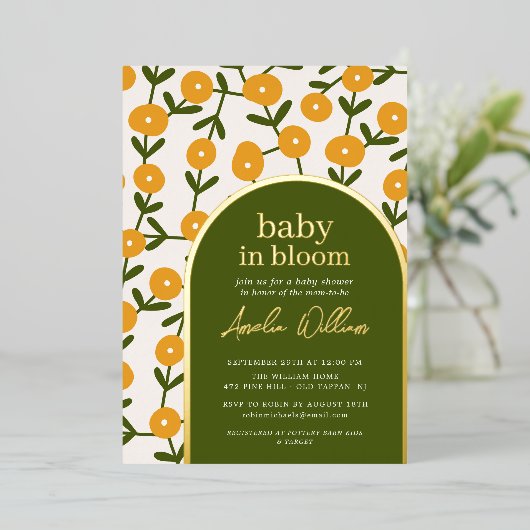 ベビーイン開花シャワー招待状箔招待状 箔招待状 (立ち正面)