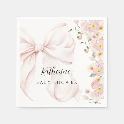 ベビーイン開花ソフトピンクボウベビーシャワー招待状 スタンダードカクテルナプキン (正面)