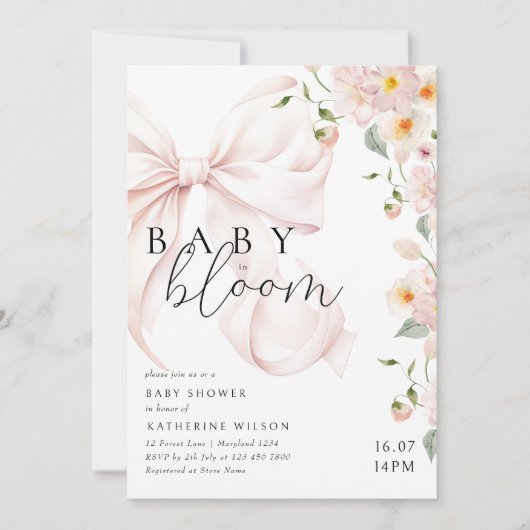 ベビーイン開花ソフトピンクボウベビーシャワー招待状 招待状 (正面)
