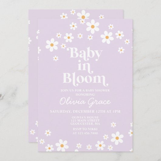 ベビーイン開花デイジーラベンダーレトロベビーシャワー 招待状 (正面/裏面)