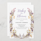 ベビーイン開花パープルフローラガールベビーシャワー 招待状 (正面/裏面)