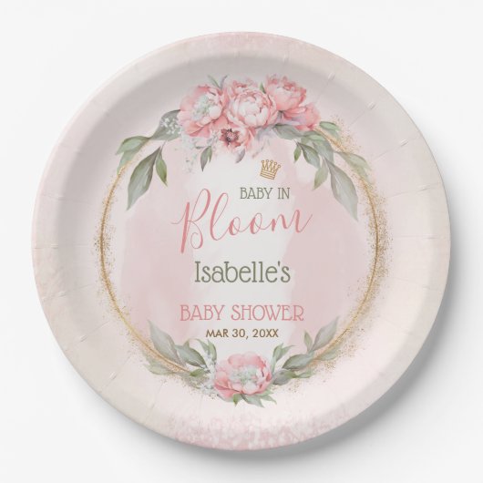 ベビーイン開花ピンクのフローラ女エレガントの子の赤ちゃんシャワー ペーパープレート (正面)