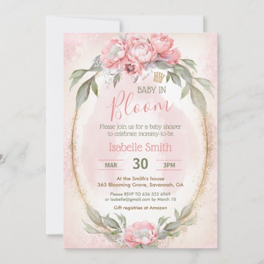 ベビーイン開花ピンクのフローラ女エレガントの子の赤ちゃんシャワー 招待状 (正面)