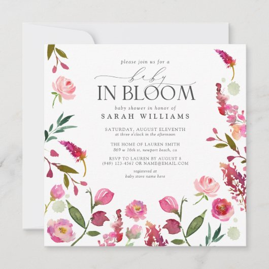 ベビーイン開花ピンクガールウォーター色フローラシャワー 招待状 (正面)