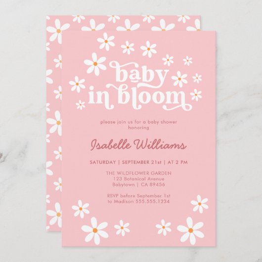 ベビーイン開花ピンクデイジーベビーシャワー招待状 招待状 (正面/裏面)