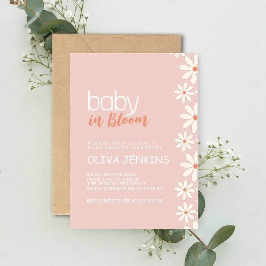 ベビーイン開花ピンクデイジーベビーシャワー招待状 招待状