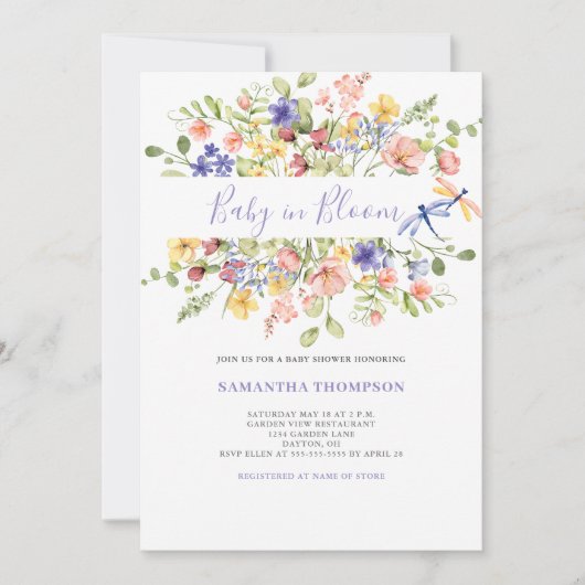 ベビーイン開花ピンクフローラシャワー招待状 招待状 (正面)