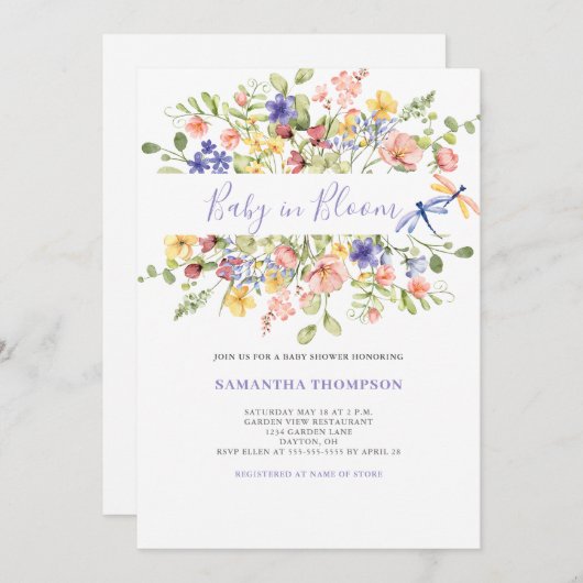 ベビーイン開花ピンクフローラシャワー招待状 招待状 (正面/裏面)