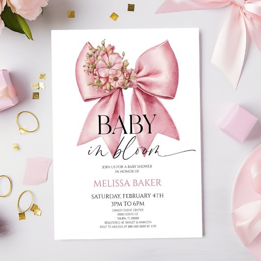 ベビーイン開花ピンクフローラボウベイビーシャワー 招待状